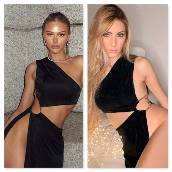 Black Cutout Asymmetrical Dress One Shoulder Open Side Gold Rope Detail - Picture 13 of 16